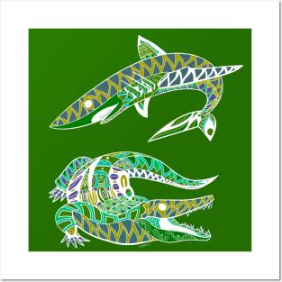 shark and the crocodile wild animals in swamp and shore pattern art Posters and Art